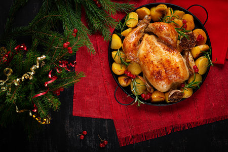 Roasted chicken with potatoes and Christmas decoration. Baked chicken or turkey. Table setting. Top view, flat layの写真素材