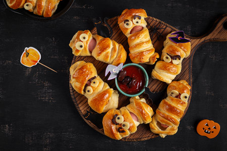 Halloween food. Scary sausage mummies in dough with funny eyes on dark background. Funny decoration. Top viewの写真素材