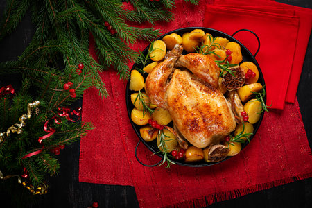 Roasted chicken with potatoes and Christmas decoration. Baked chicken or turkey. Table setting. Top view, flat layの写真素材