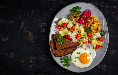 Healthy vegetarian breakfast. Fried egg, whole grain bread, and a vegetable salad. Top viewの写真素材
