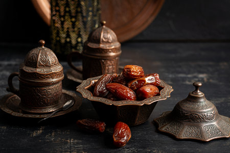 Ramadan food and drink concept. Tasty Eastern sweets and tea on dark background.の写真素材