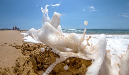 Ocean foam on the shoreの写真素材