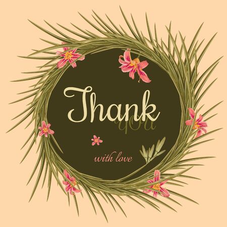 Thanksgiving day invitation. Round frame with pretty pink flowers lilies with green leaves. Festive floral circle for your season design. Template for spring, autumn and summer advertisement.のイラスト素材