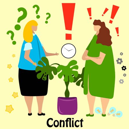 Two cute business women, office worker, manager quarrel and swear in a flat style. Business conflict situation  at work. Confused woman with question mark. Dispute concept boss argue employee.のイラスト素材