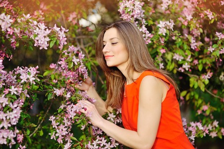 Spring , Summer beauty. Young woman posing on a Flower Glade. Horizontal, Outdoor shot. Colorfully photography.の写真素材