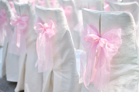 Decoration on wedding chairs pink bow in summer parkの写真素材