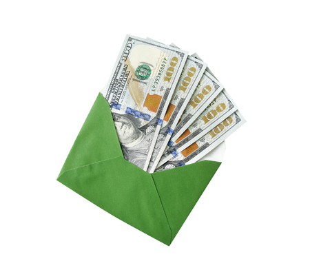 dollars in an envelope on a white backgroundの写真素材