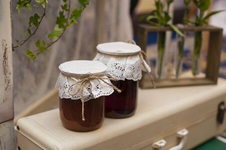 two jars of jam.の写真素材