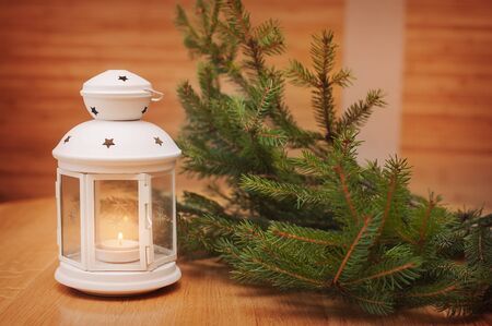 Christmas decorations with lantern. Christmas greeting card.の写真素材