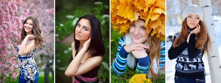 collage girls seasons: summer, fall, winter, spring.の写真素材