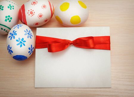 card colored easter eggs with space for your text.の写真素材