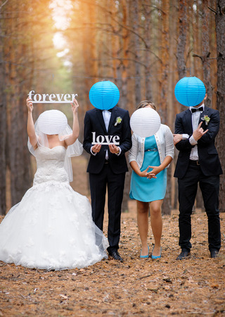 Bride groom and their friends at the wedding, forever love.の写真素材