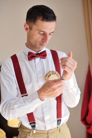 groom dress shirt on the morning of the wedding dayの写真素材