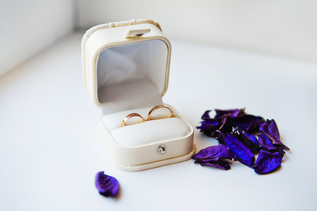 Wedding rings of the groom and the bride in a white box.