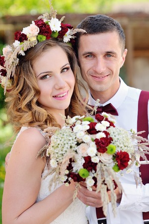 Bride and groom at wedding Day walking Outdoors on spring natureの写真素材
