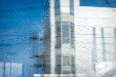 Bullet holes in the window of a shop in Dnepropetrovsk.の写真素材