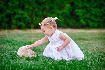 Cute little girl with a bunny rabbit has a easter at green grass backgroundの写真素材