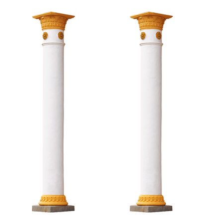 two white columns in the classical architectural style isolated on white backgroundの写真素材