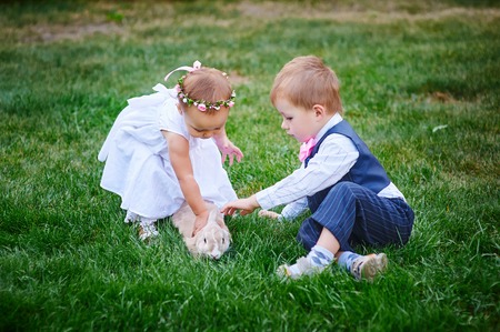 little children playing with a rabbit in the park.の写真素材