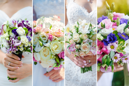 collage of wedding bouquets in the hands of the bride.の写真素材