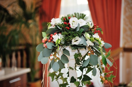 Bouquet of flowers on decorative metal standの写真素材
