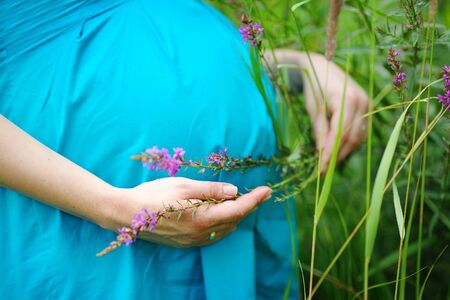 Portrait of pregnant young woman outdoors in warm summer day.の写真素材