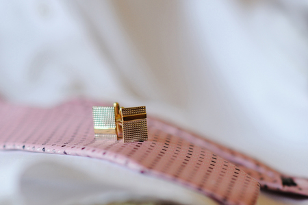 Man's white shirt with tie and cufflinks.の写真素材