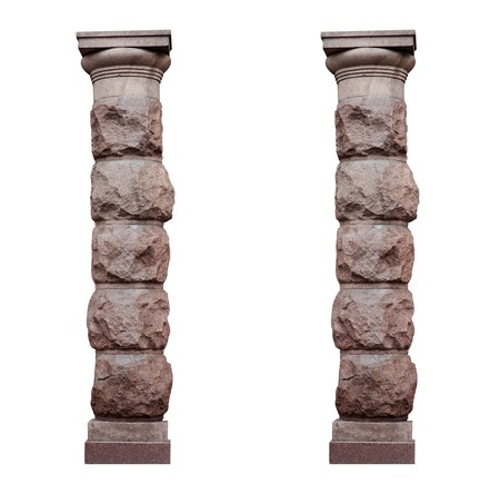 Two isolated architectural columns in rustic style on a white background.の写真素材