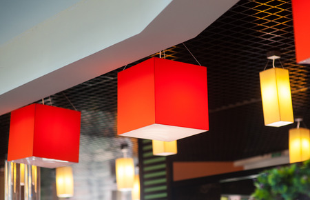 included chandeliers in the evening cafe outdoor.の写真素材