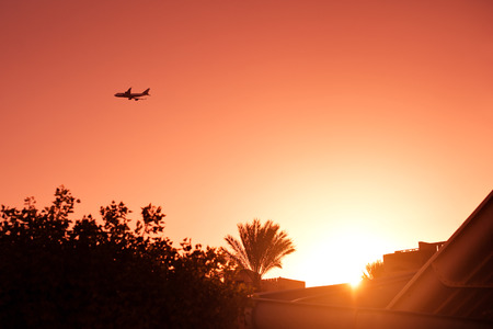 plane silhouette on the horizon against the setting sun.の写真素材