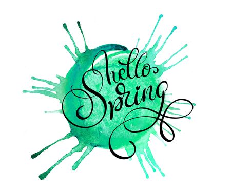 green blob on a white background and text Hello Spring. Calligraphy letteringの写真素材