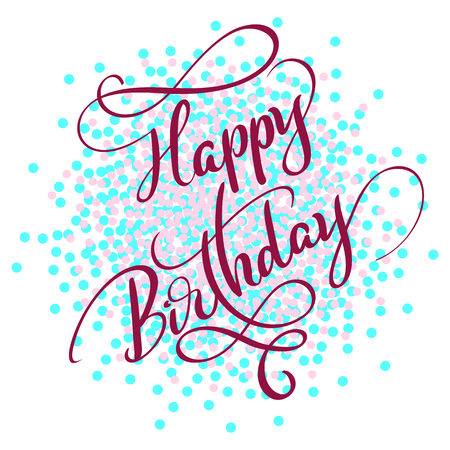 Happy birthday red text on on colored circles background. Hand drawn Calligraphy lettering Vector illustrationのイラスト素材