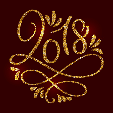 2018 New Year shiny Lettering Golden Composition on claret background.のイラスト素材