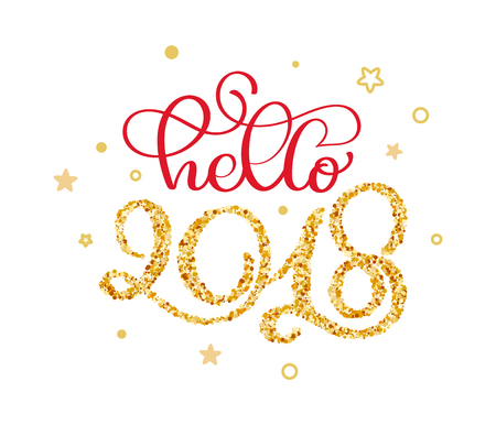 hello 2018 hand lettering text with little gold stars to winter holiday greeting card. Christmas banner calligraphy quote. Vector illustration xmasの写真素材