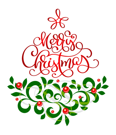 Merry Christmas text lettering calligraphic with a vintage flourish design element in the form of a tree, vector illustrationのイラスト素材