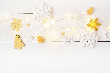 Christmas wood background with christmas decoration, top viewの写真素材