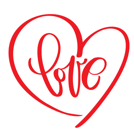 handwritten inscription LOVE text and heart Happy Valentines day card, romantic quote for design greeting cards, mug, tattoo, holiday invitationsのイラスト素材