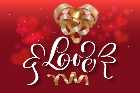 Vector illustration with hearts gift gold ribbon and text Love.のイラスト素材