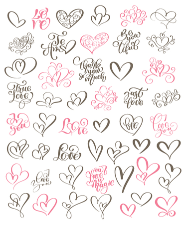 Big set hand written lettering about love to Valentine's day and heart design poster, greeting card, photo album, banner, flourish calligraphy vector illustration collection.のイラスト素材