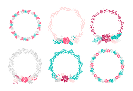 Set spring floral wreath bouquet flowers Botanical elements isolated on white background in Scandinavian style. Hand drawn vector illustrationのイラスト素材