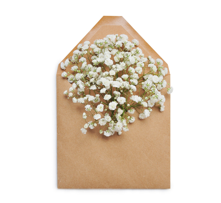 Mockup brown envelope full of various flowers. Flat lay. Love concept isolated clipping mask on white background with path, top view.の写真素材