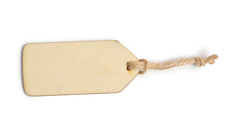 Mockup rustic wood tag label isolated clipping mask on white background with path, top view.の写真素材