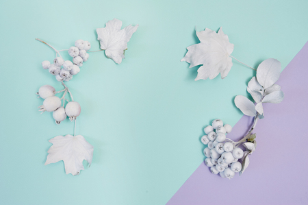 White frame mockup with pumpkin, berries and leaves on turquoise and violet pastel paper autumn background. Greeting card for Thanksgiving Day in rustic style with space for your text. Flat lay. Top viewの写真素材