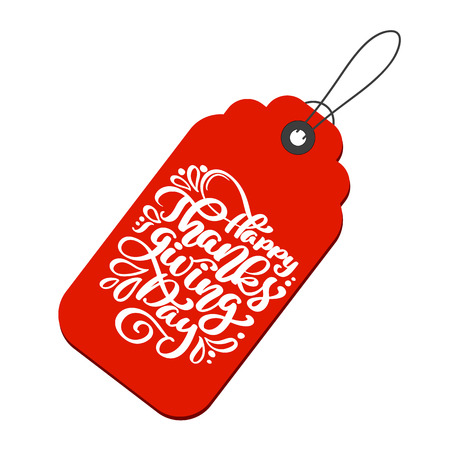 Happy Thanksgiving Day Calligraphy Text on tag,  Illustrated Typography Isolated on red background. Positive lettering quote. Hand drawn modern brush for T-shirt, greeting cardのイラスト素材