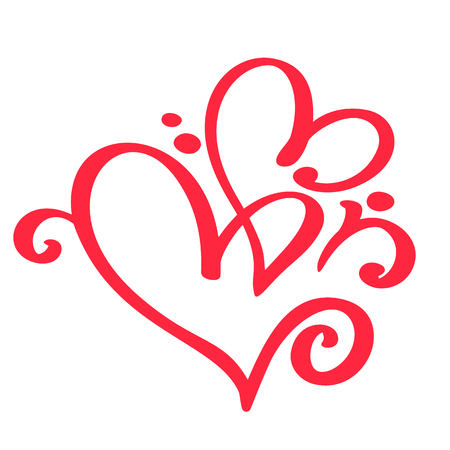 Two red lovers heart. Handmade  calligraphy. Decor for greeting card for Valentines Day, mug, photo overlays, t-shirt print, flyer, poster designのイラスト素材