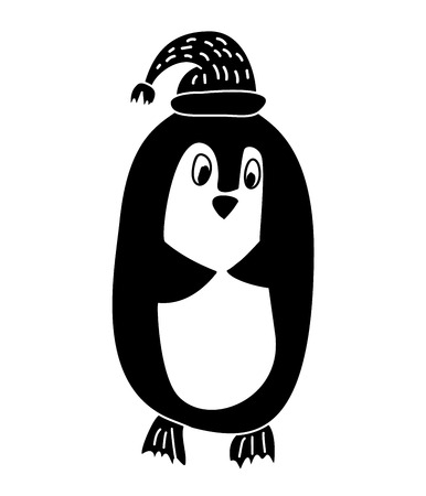 Hand draw Vector Illustration of Funny Penguin in Knitted Hat. Christmas isolated Greeting card scandinavian styleの写真素材