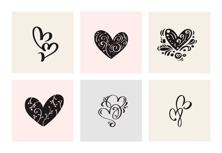 Set of six vintage Vector Valentines Day Hand Drawn Calligraphic Heart. Calligraphy lettering illustration. Holiday Design valentine. Icon love decor for web, wedding and print. Isolatedのイラスト素材