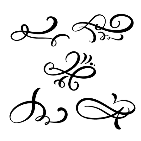 Set of vector vintage line elegant dividers and separators, swirl and corner decorative ornaments. Floral line filigree design elements. Flourish curl elements for invitation or menu page illustration.のイラスト素材