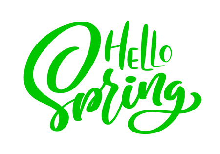 Green Calligraphy lettering phrase Hello Spring. Vector Hand Drawn Isolated text. sketch doodle design for greeting card, scrapbook, printのイラスト素材