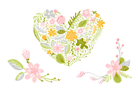 Set of Flower Vectors in pastel colors. Isolated floral, heart flat illustration on white background. Spring scandinavian love hand drawn nature wedding, valentine designのイラスト素材